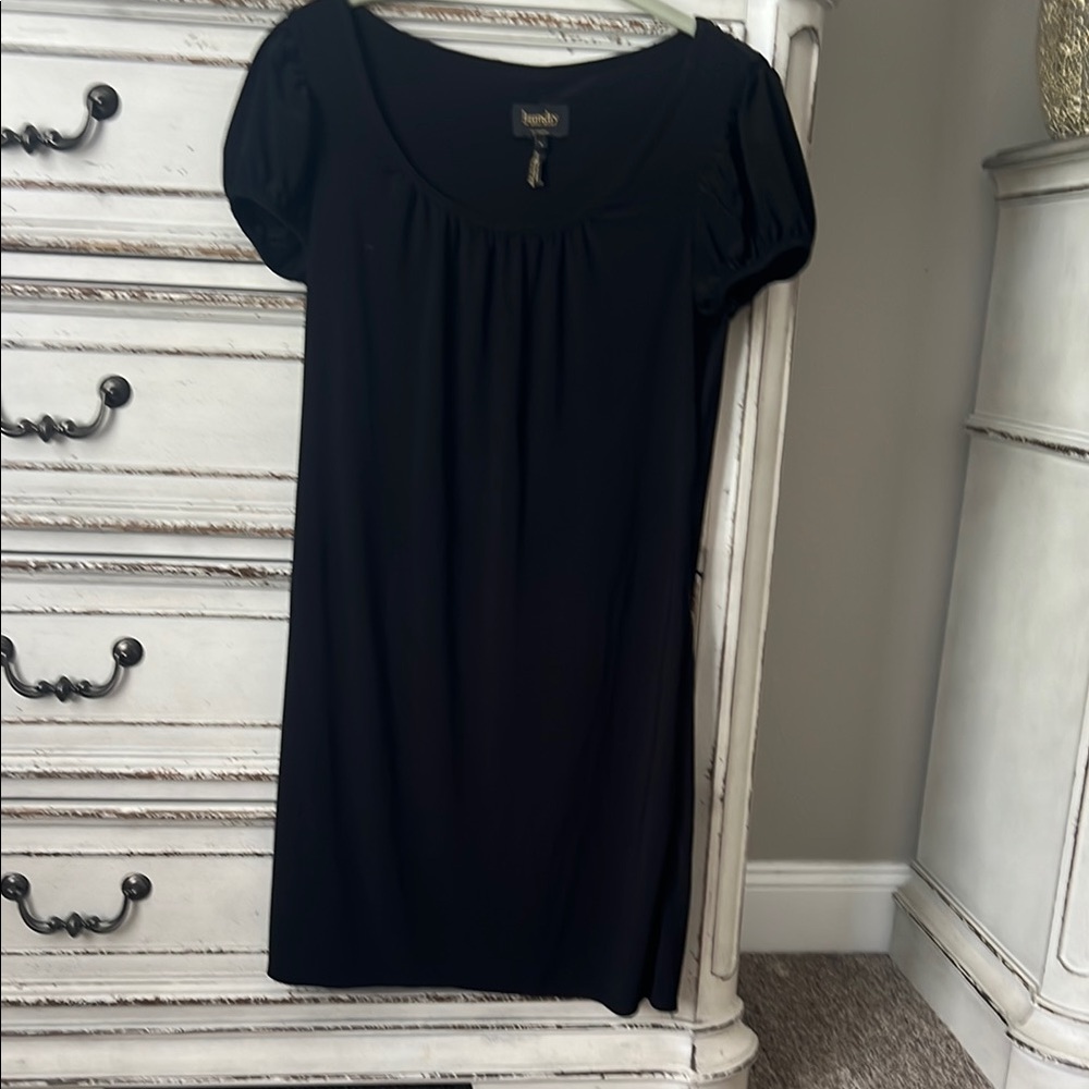 Laundry Black Pleated Puff Sleeve Mini Dress